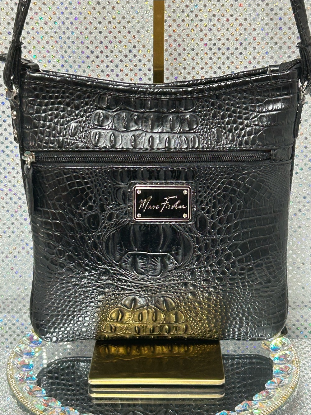 Marc Fisher Black Croc-Embossed Crossbody Shoulder Bag Approx. 9.5 x 9.5